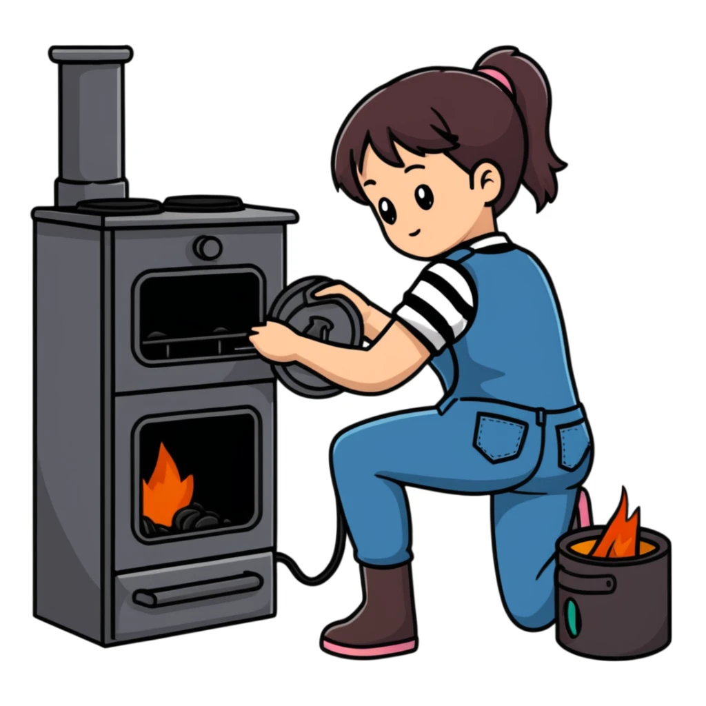 Metal cylindrical coal stove with a girl cleaning it while kneeling, seen from behind, wearing jeans and a striped shirt sticker