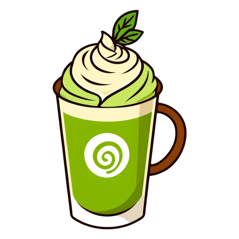 matcha latte in warm olive-brown tones with leaf detail, soft dreamy illustration sticker