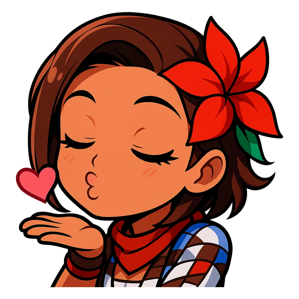 Azucena from Tekken 8 in chibi sticker style, blowing a kiss with a flirty expression, designed for Twitch emote use. sticker