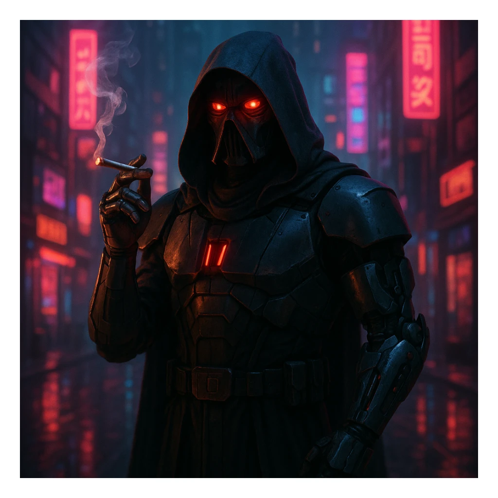 a sith lord with a robotic arm, smoking a joint, neon-lit cyberpunk city background, futuristic armor, glowing red eyes sticker