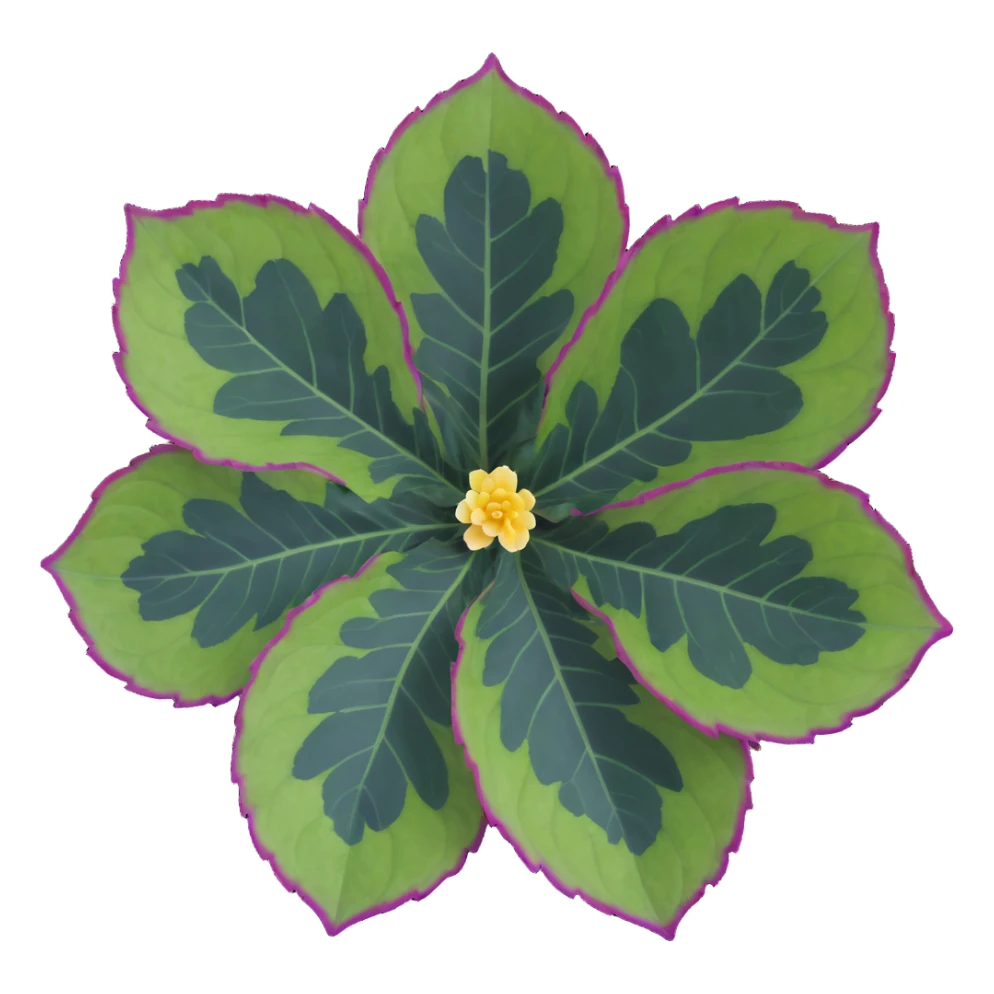 Close-up of Begonia Rex leaf center showing pronounced spiral pattern, dark green leaf with purple edges and white spots sticker