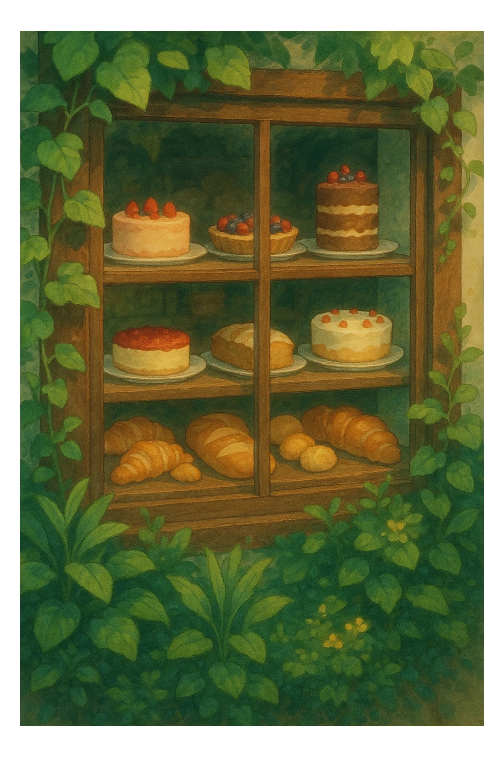 a whimsical ghibli bakery window with cakes and breads, lush plants, soft painterly style sticker