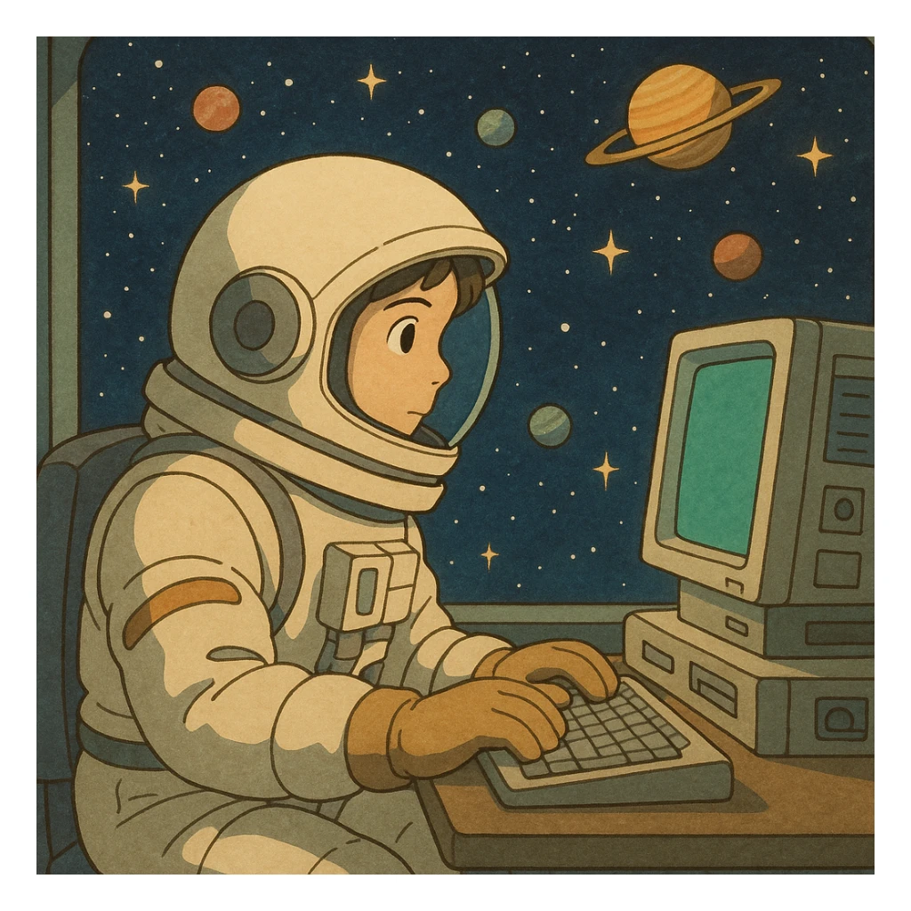 ghibli style astronaut at a computer, stars and planets in background sticker
