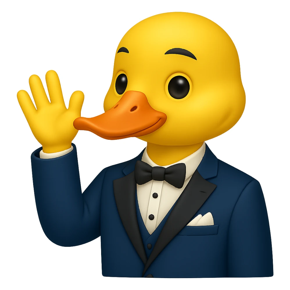 Create a gentlemanly yellow duck in a blue suit, waving, in the style of apple emojis, with no background. sticker