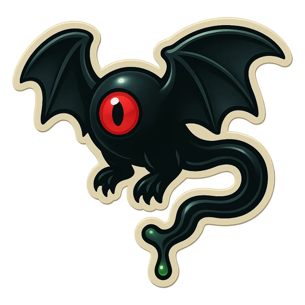 an all black reptilian bat-like creature. One cyclopian red eye in its face. no visible mouth or ears. 2 hind legs with claws. has a long tale with a stinger that drips green poison. no ears. no horns. no arms. sticker