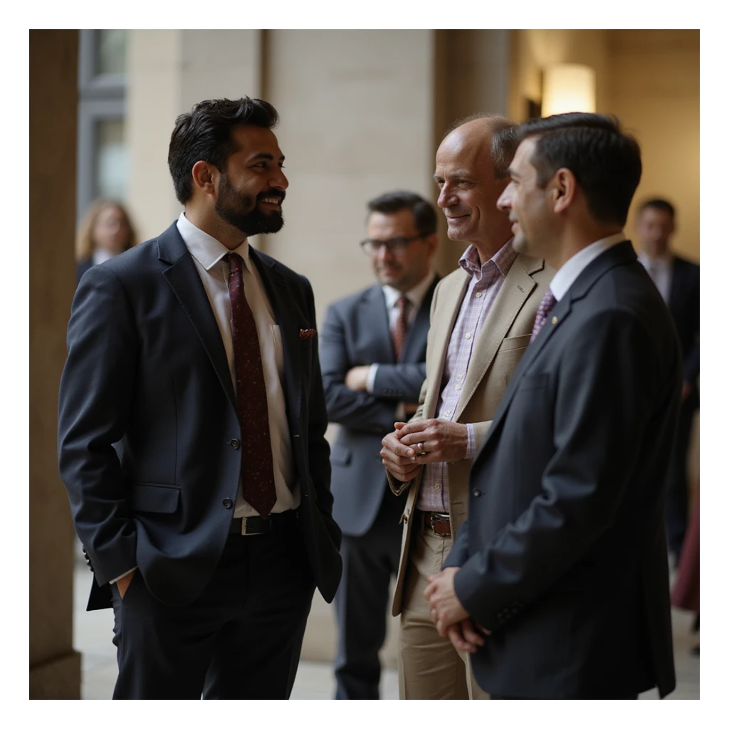 an indian in formal attire standing talking to a group with casual attire sticker