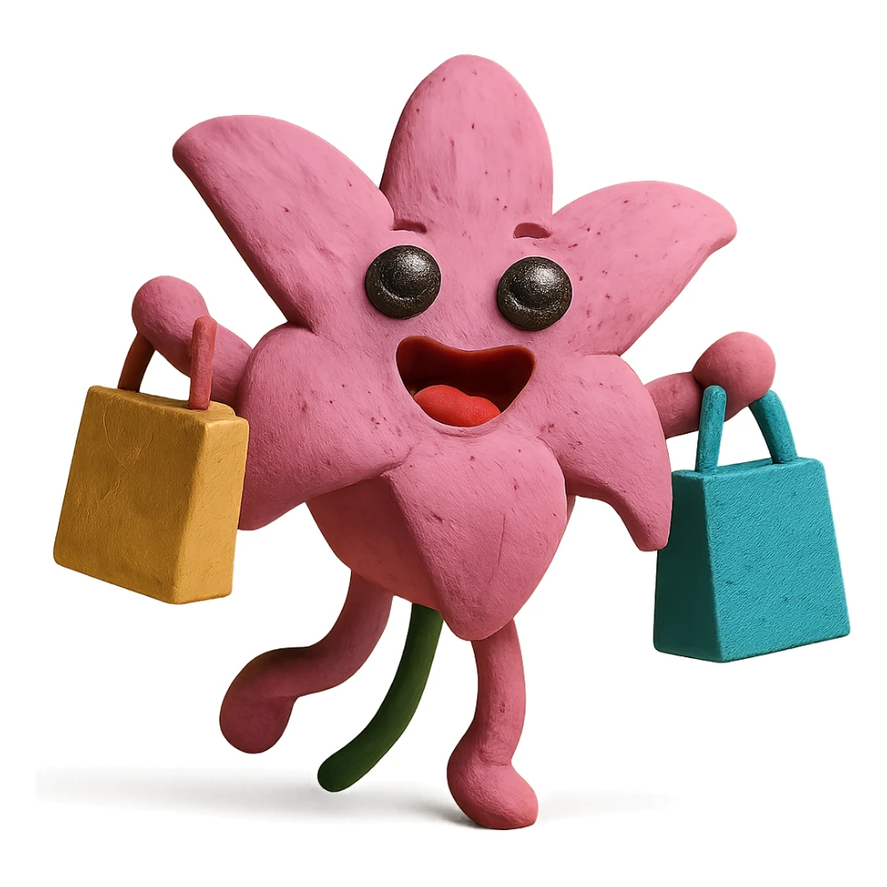 pastel magenta lily flower with sparkling eyes and open mouth, jumping with joy while holding shopping bags, round and bouncy, claymation style sticker