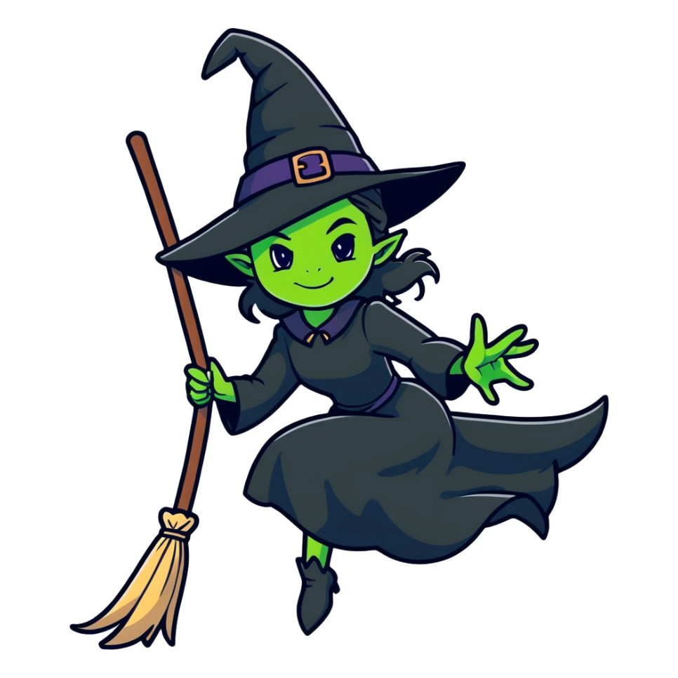 Elphaba, green-skinned witch with black hat and long black dress riding a broomstick sticker