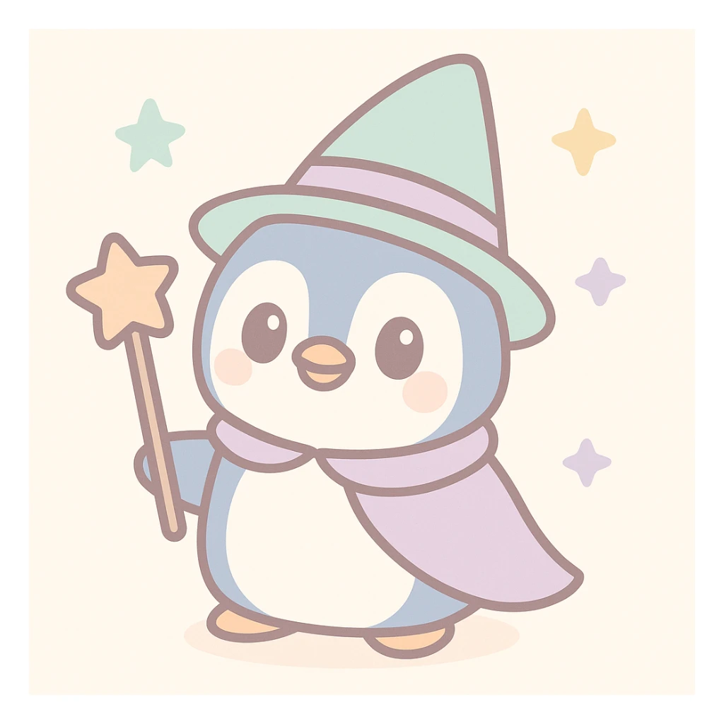 a penguin dressed as a wizard, with a pointed hat and a magic staff, in a fun and whimsical style sticker