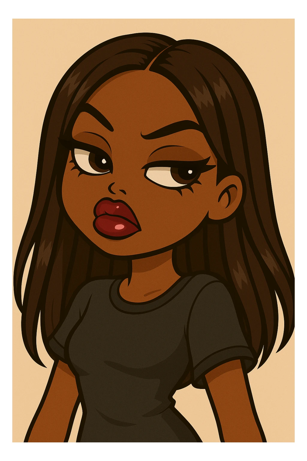 Change her pose to a side-eye, headshot only, 20-year-old anime Bratz style woman with dark skin, straight hair, more casual outfit, big expressive eyes, glossy lips, no hat, no tears, confident and aloof expression, snooty attitude, nose turned up. Render in anime Bratz style with emphasis on glossy lips and big expressive eyes, confident and aloof expression, no hat, no tears. sticker