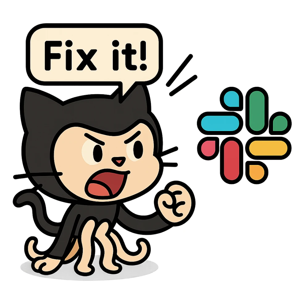 Add a speech bubble with the text 'Fix it!' to the Octocat shouting at the Slack logo, keep the style consistent with lineal color icon with black outlines. sticker
