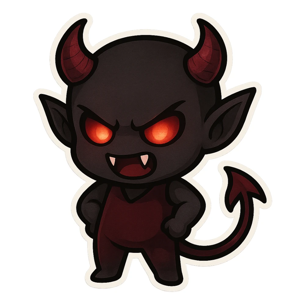 devil emoji in chibi style with gothic palette black and crimson, sharp fangs, glowing eyes, dramatic shadows sticker
