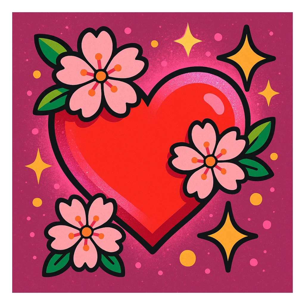 heart with sakura flowers and pink shimmer, vibrant toon style sticker