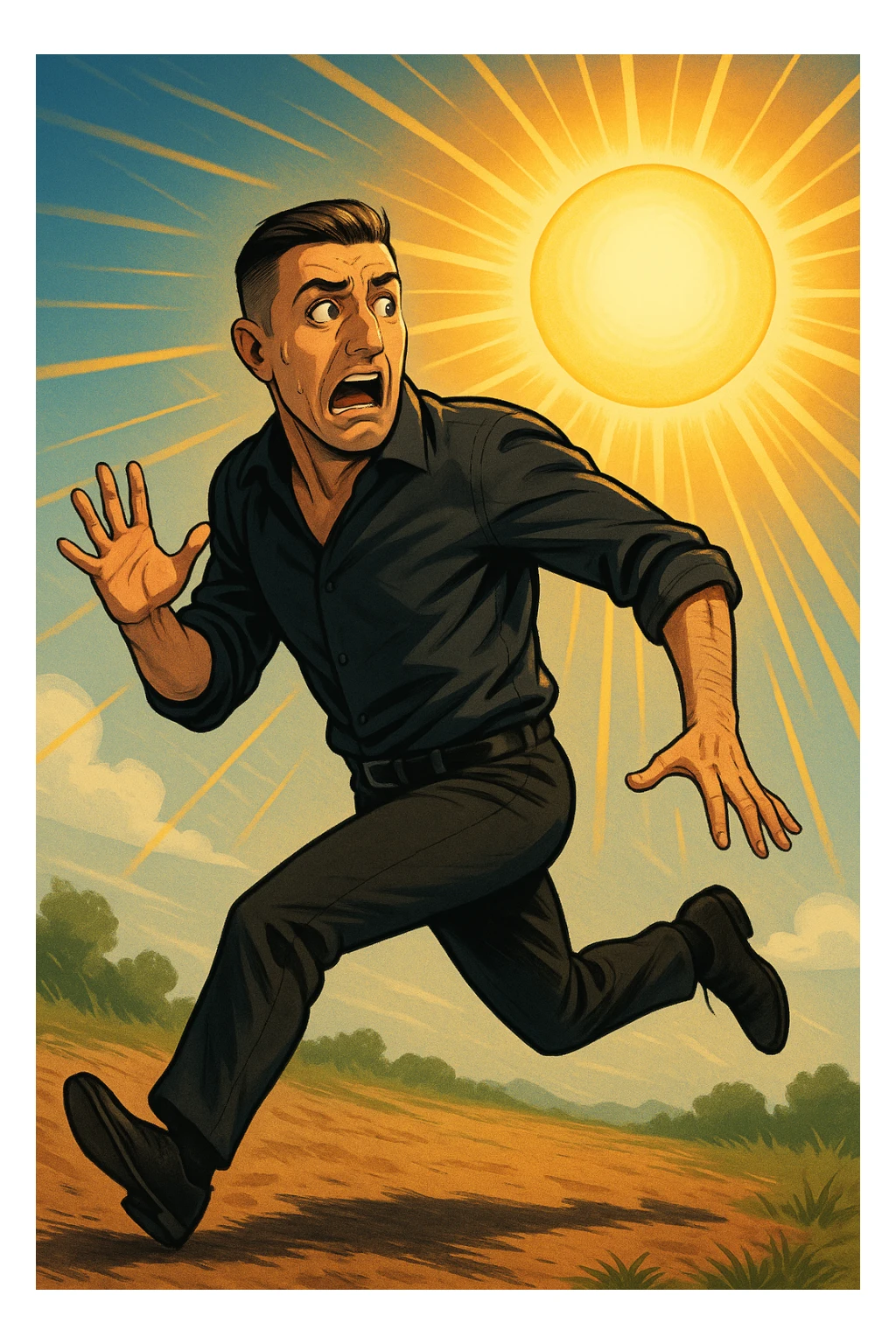 Uomo che corre via dal sole spaventato perchè pensa sia nocivo sticker