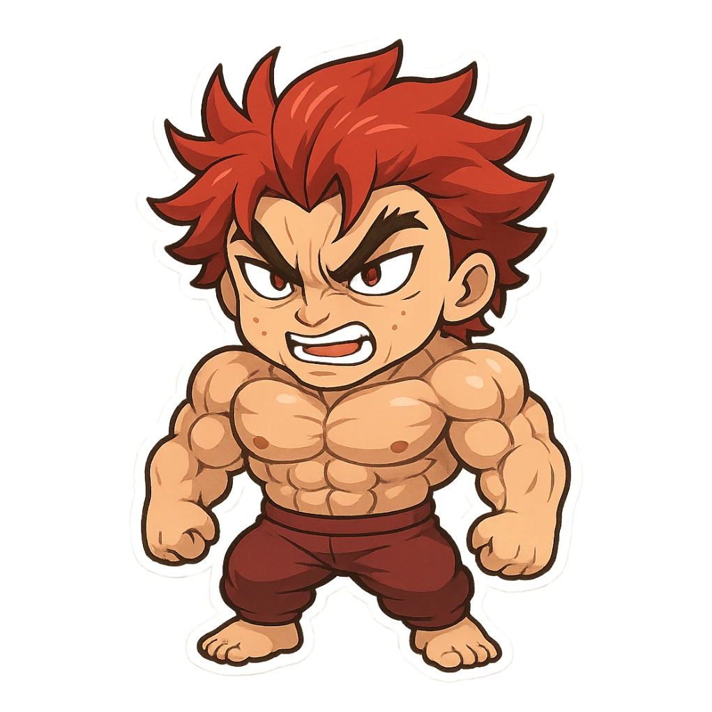 Yujiro Hanma stylized as a chibi character, exaggerated muscles, red spiky hair, fierce expression, cute cartoon style sticker