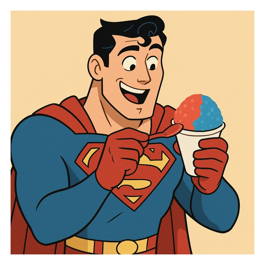 Superman enjoying a snow cone, playful expression, vibrant, comic book style sticker