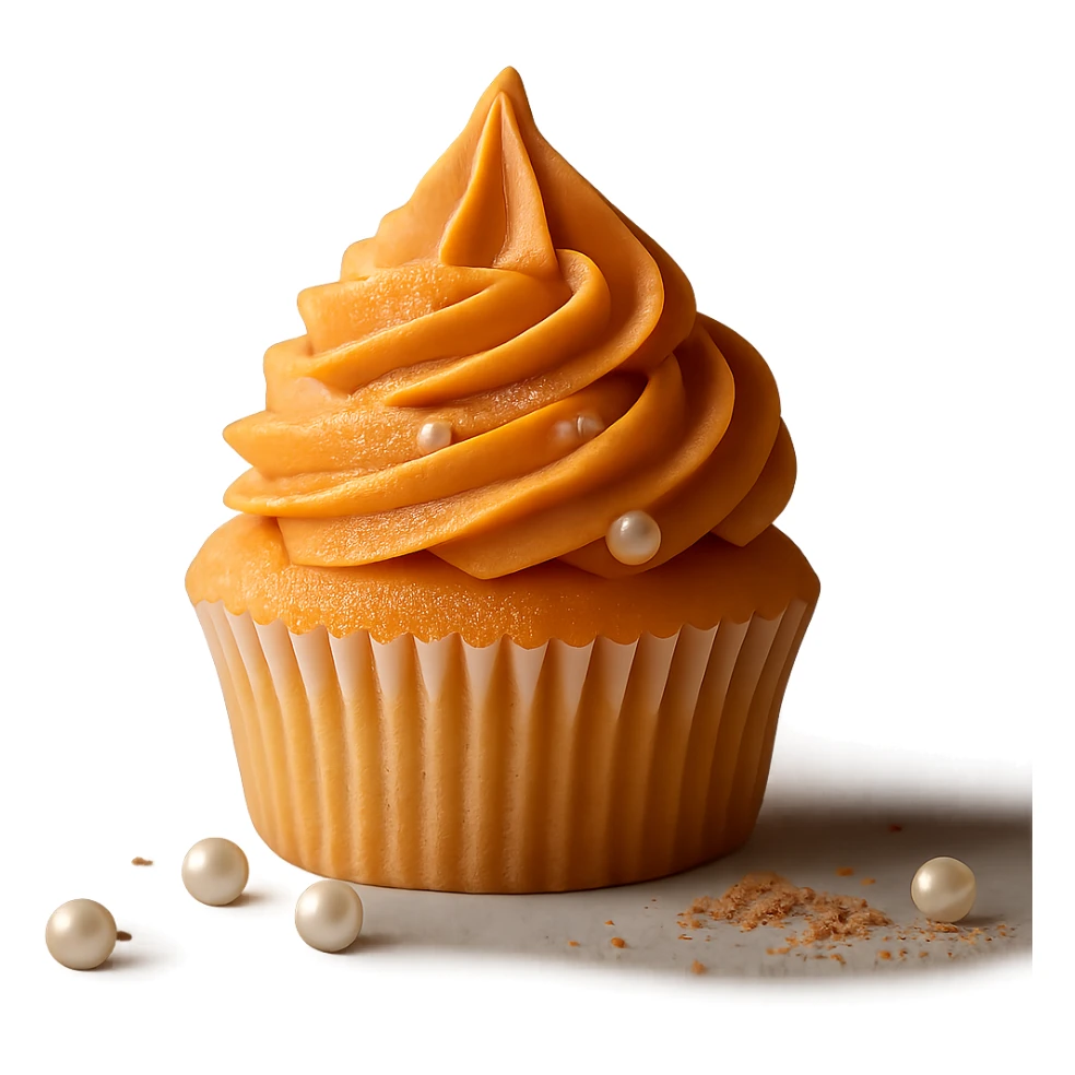 Change the icing to pumpkin color (orange, creamy and slightly glossy), keep the realistic cupcake and accessories, photorealistic style, transparent background. sticker