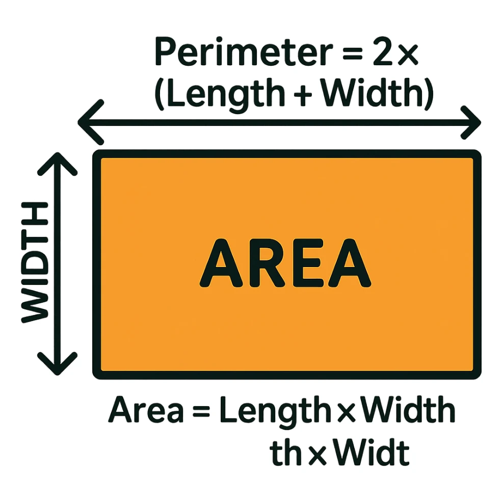 Add clear text labels for the formulas: Perimeter = 2 × (Length + Width), Area = Length × Width. Place the labels near the rectangle and shaded area, suitable for grade 4. Keep the background transparent. sticker