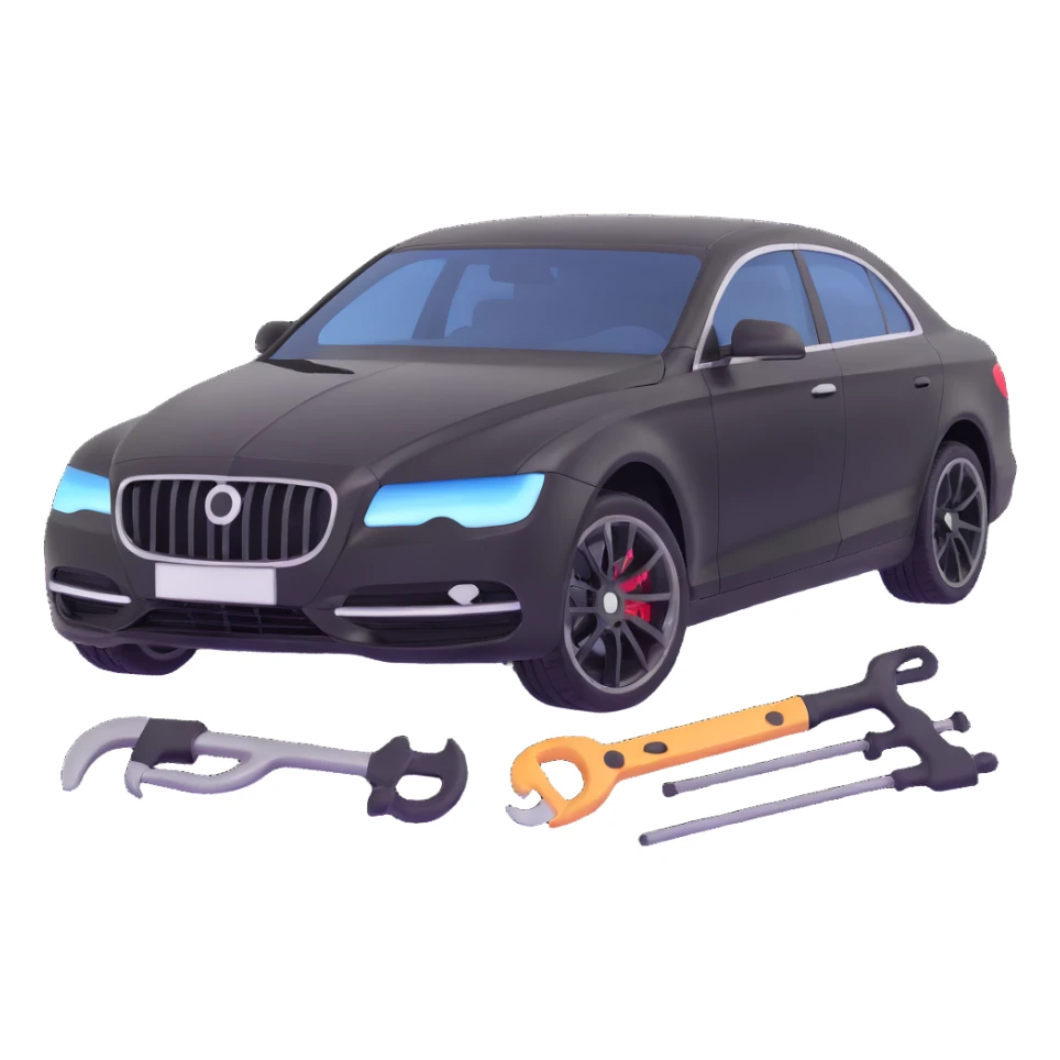 black luxury car with a clearly visible dent on the bodywork, specific PDR tools such as rods, levers, and small hammers positioned to show active repair, elegant and modern sticker