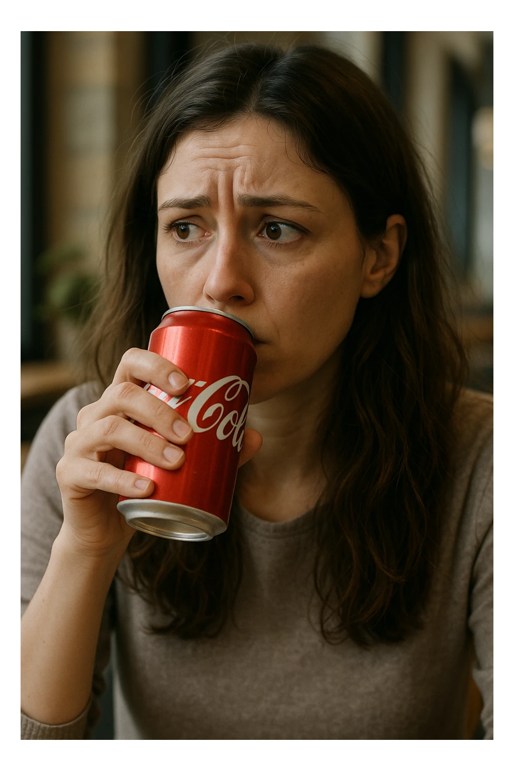 donna con ansia. Che beve coca cola. Immagini realistiche sticker