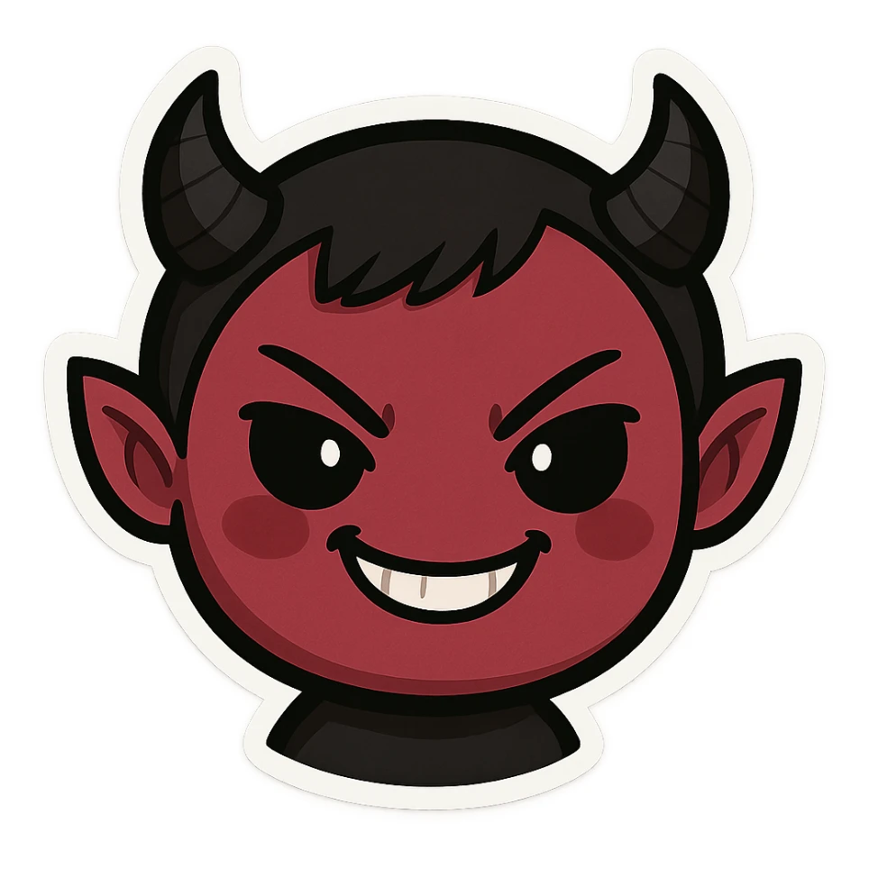 devil emoji in chibi style with gothic palette black and red, small horns, mischievous grin sticker