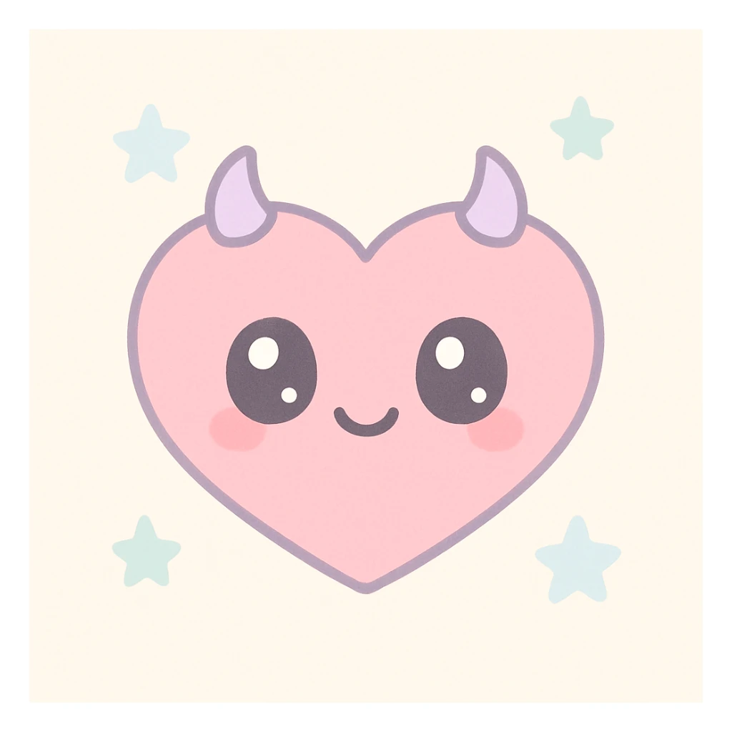 kawaii devil heart with big eyes, tiny horns, pastel background sticker