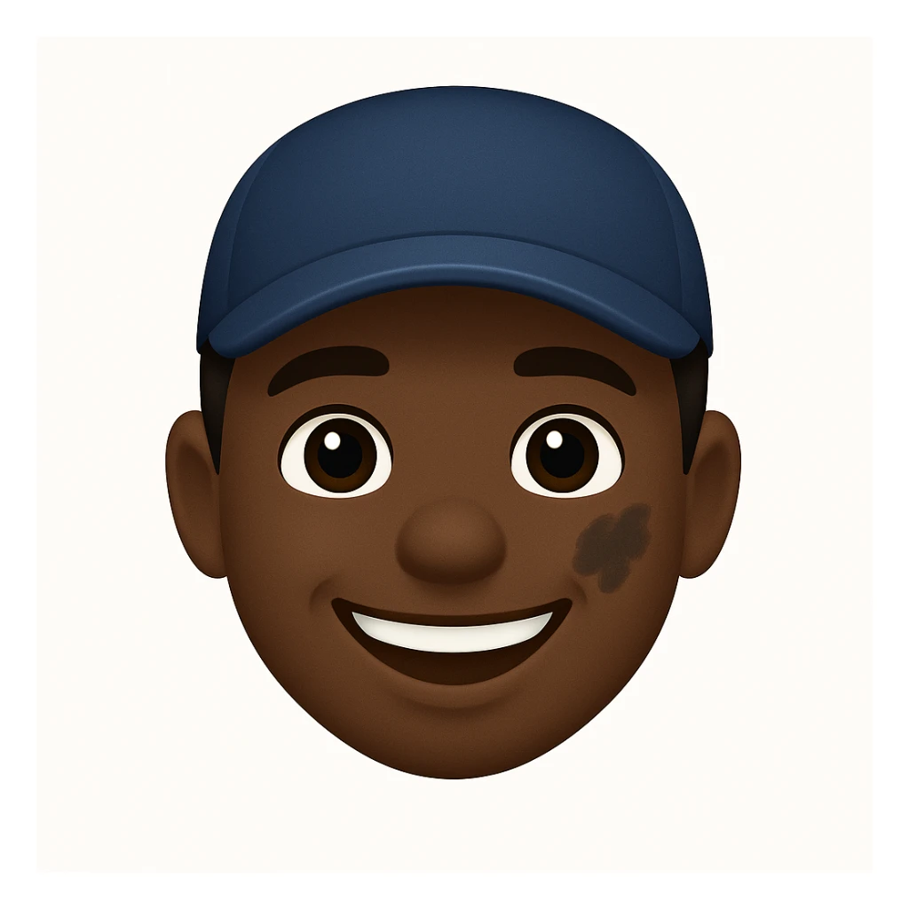 Create a face emoji of a Zimbabwean male mechanic with a friendly expression, wearing a cap and a smudge of grease on the cheek. The style should be suitable for an emoji, capturing the friendly and hardworking character inspired by the reference photo. sticker