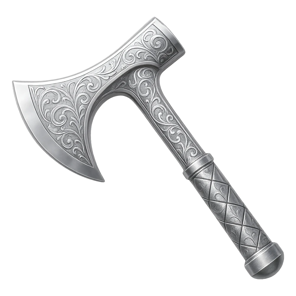 Engrave this steel axe with elegant silver engravings, keep it crisp, shiny, and slightly fancier than iron, realistic metallic steel, emoji style. Transparent background. sticker
