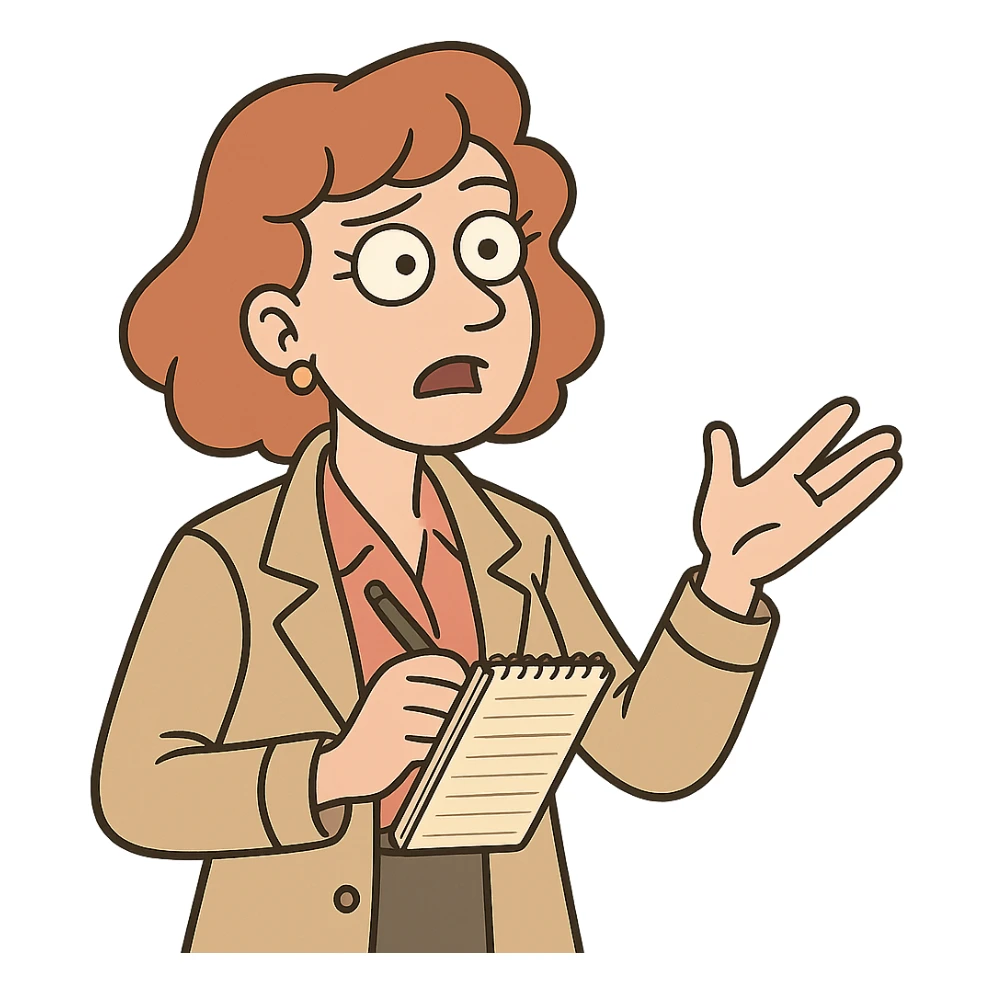 A 1980s female newspaper journalist holding a note book and pen looking like they are asking a question sticker