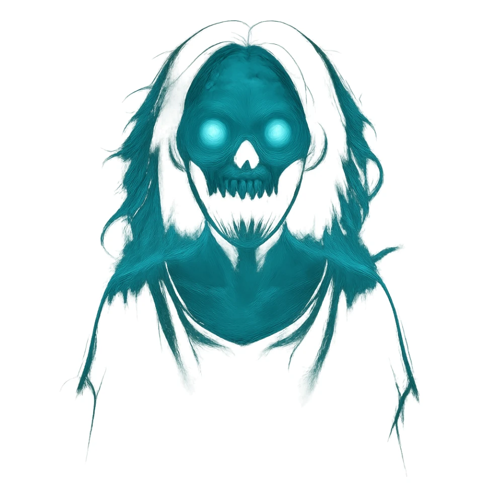 Transform the creepy girl into a ghost, make her semi-transparent, add ethereal glow and ghostly effects, keep the background transparent. sticker