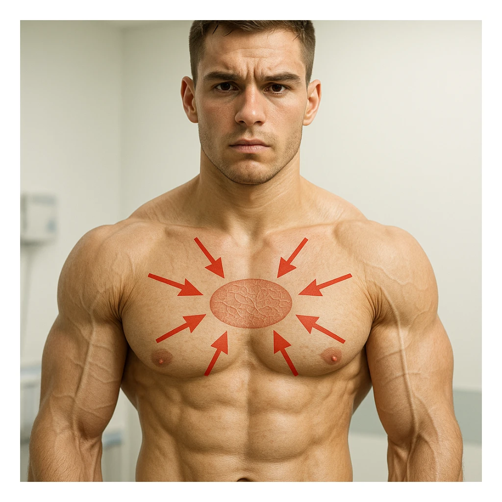 25-year-old bodybuilder with low collagen levels, hyper realistic style, defined muscles, less elastic skin, red arrows pointing away from collagen on the skin, clinical atmosphere, light background sticker
