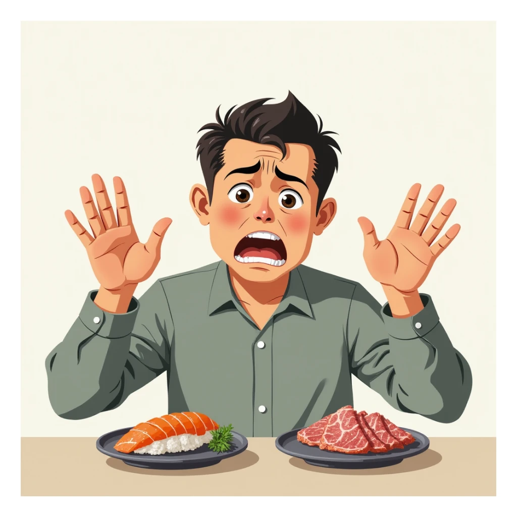 adult man refusing sushi, salami and cold cuts, determined or disgusted expression, hands raised in refusal gesture, plates of sushi and cold cuts in front of him, realistic or illustrative style, neutral background sticker