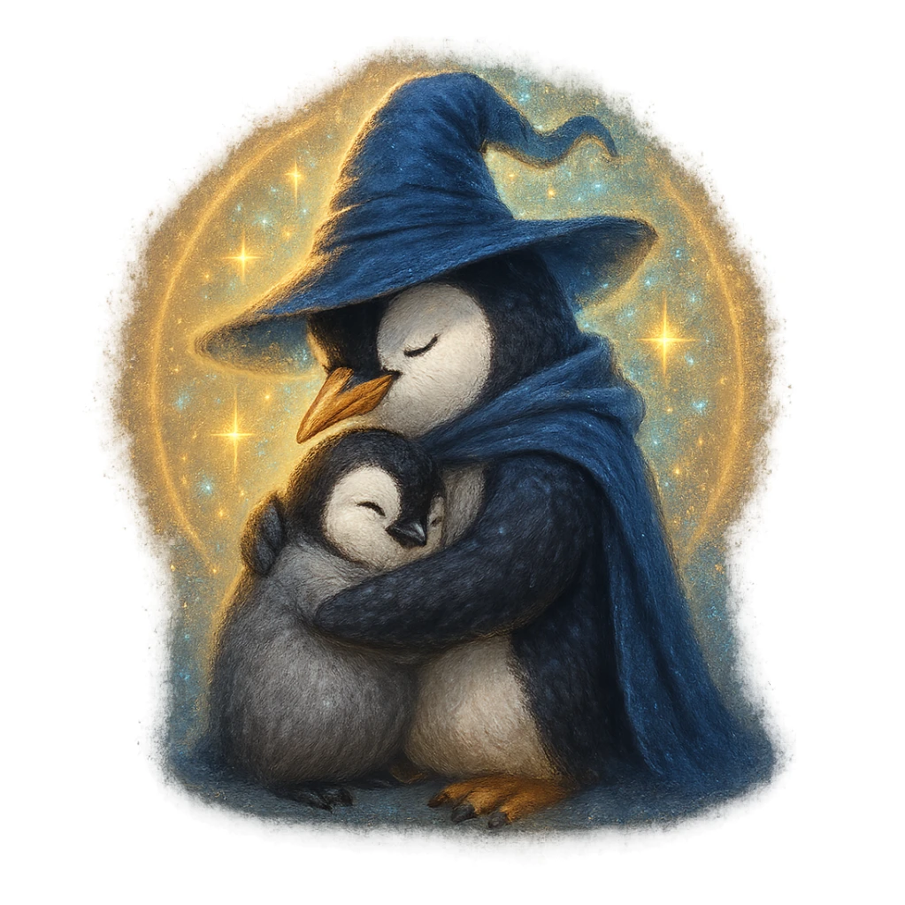 penguin wizard hugging a small penguin, protective and magical, glowing aura sticker