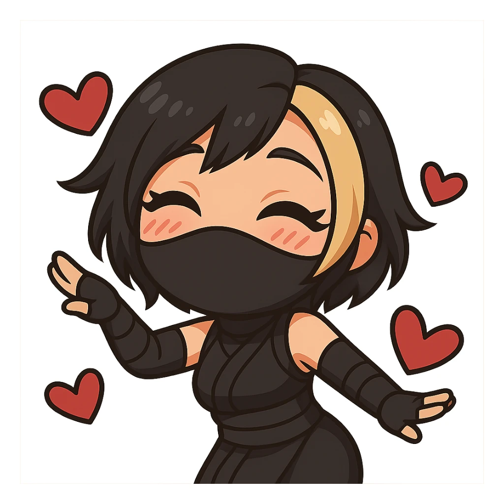 Create a chibi anime style ninja girl dancing to the left. Keep the same face, hair, mask, outfit, and hearts as the reference image. Change the pose so her body and arms are leaning to the left in a cute dance move, slightly different from frame 1. Transparent background, sized for Twitch emoji use. This is animation frame 3. sticker