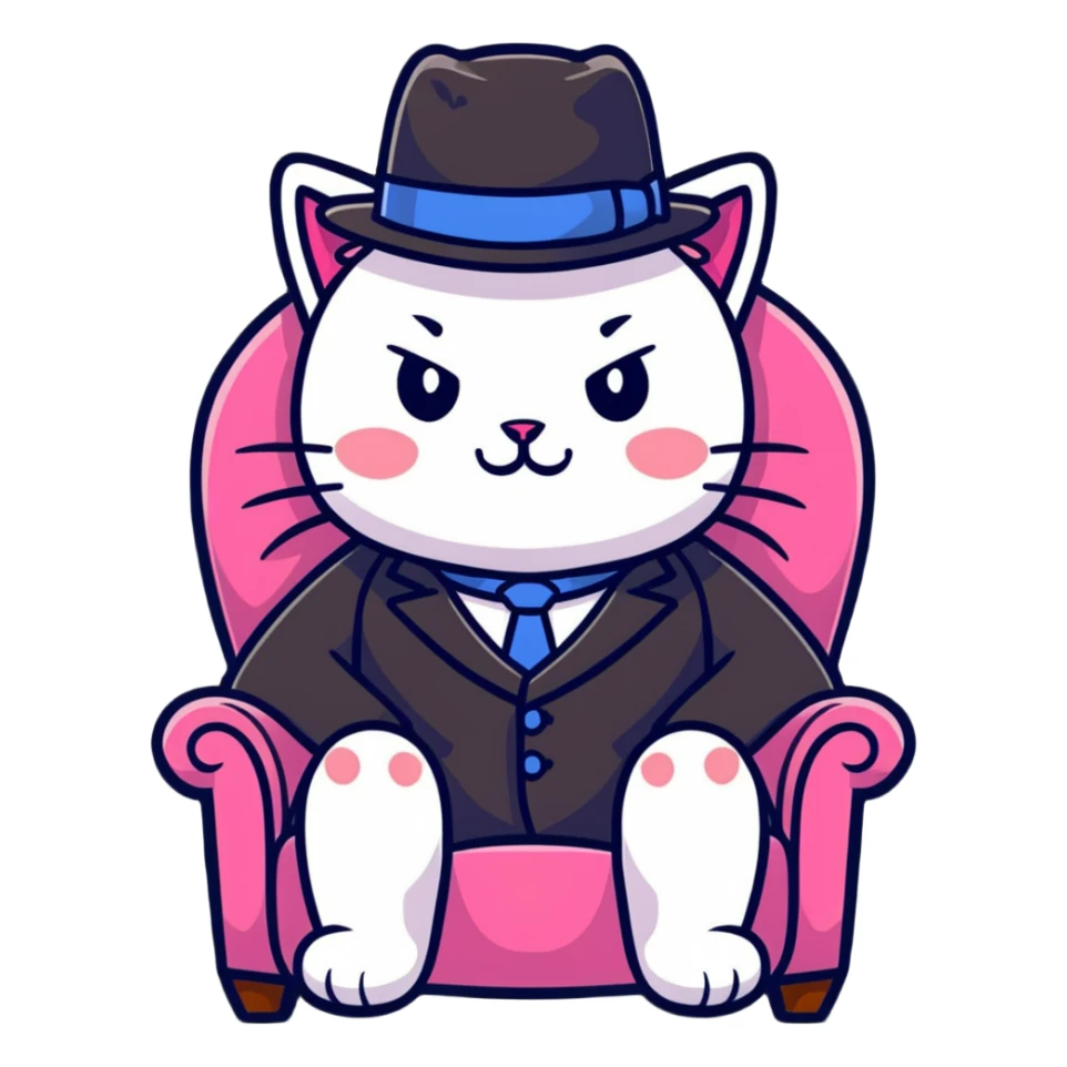 adorable pink cat mafia boss sitting on throne sticker