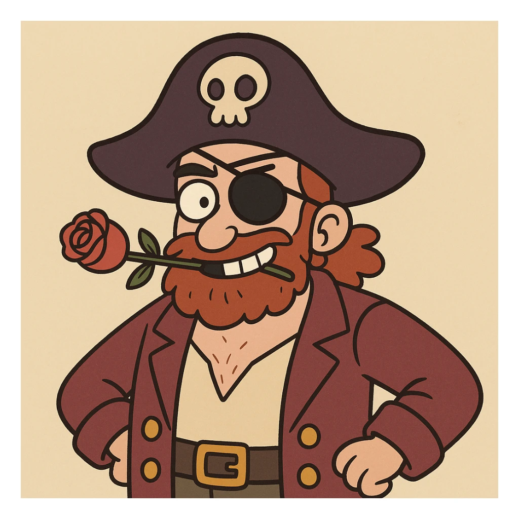 playful cartoon pirate with left eye patch and rose in mouth sticker