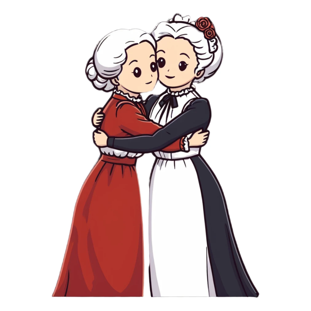 Two modest Victorian women hugging, one with white hair and one with copper red hair, wearing long Victorian dresses sticker