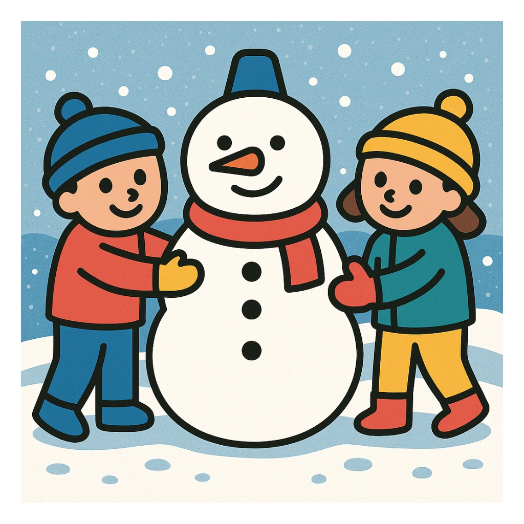 Add a snowy background behind the kids building a snowman, keep the original color outline icon style sticker