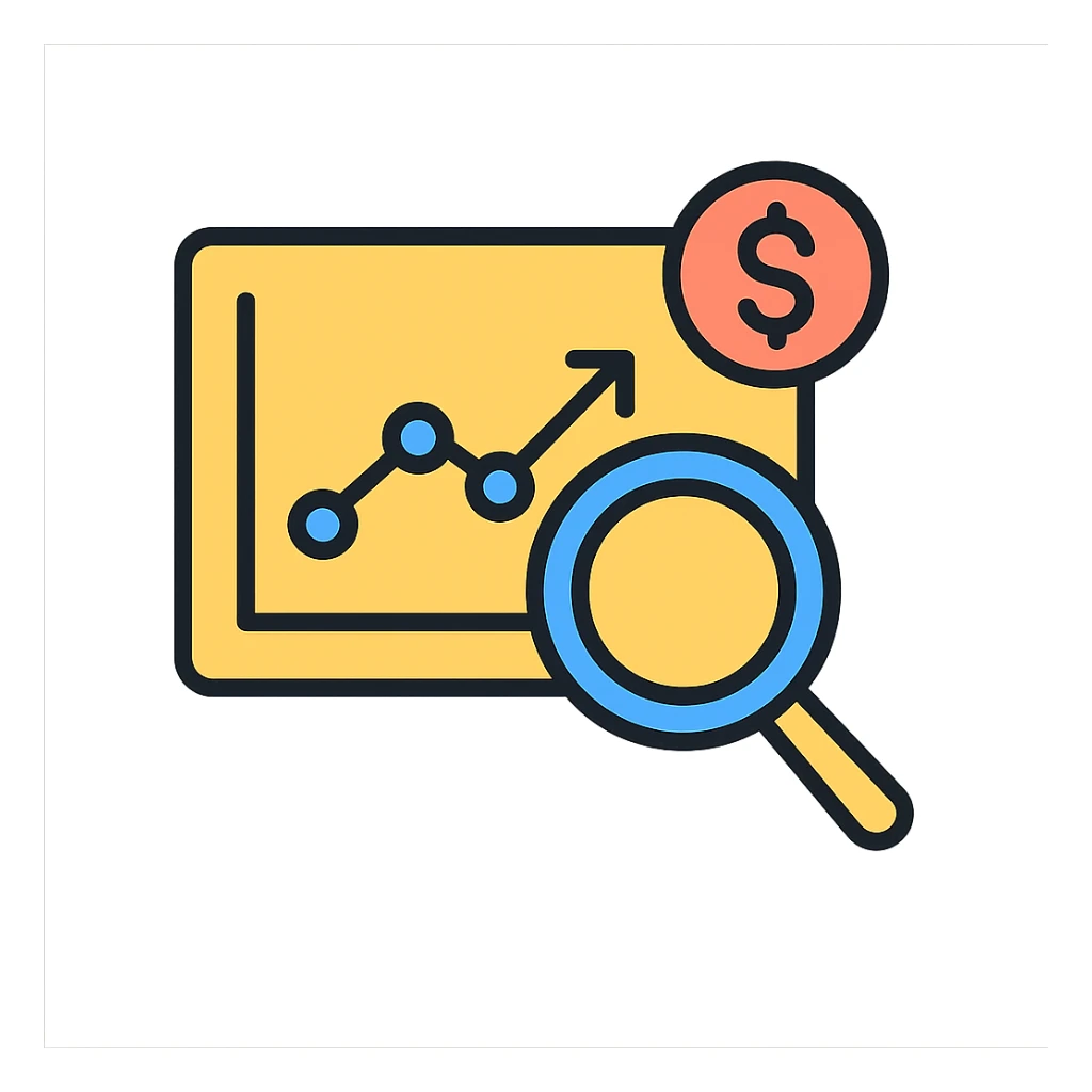 icon representing analytics for sales, magnifying glass over sales chart, clean modern icon style sticker