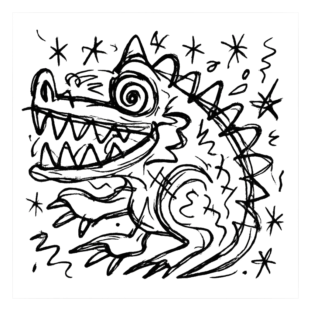 hand-drawn outlined crocodile with a quirky, chaotic design sticker