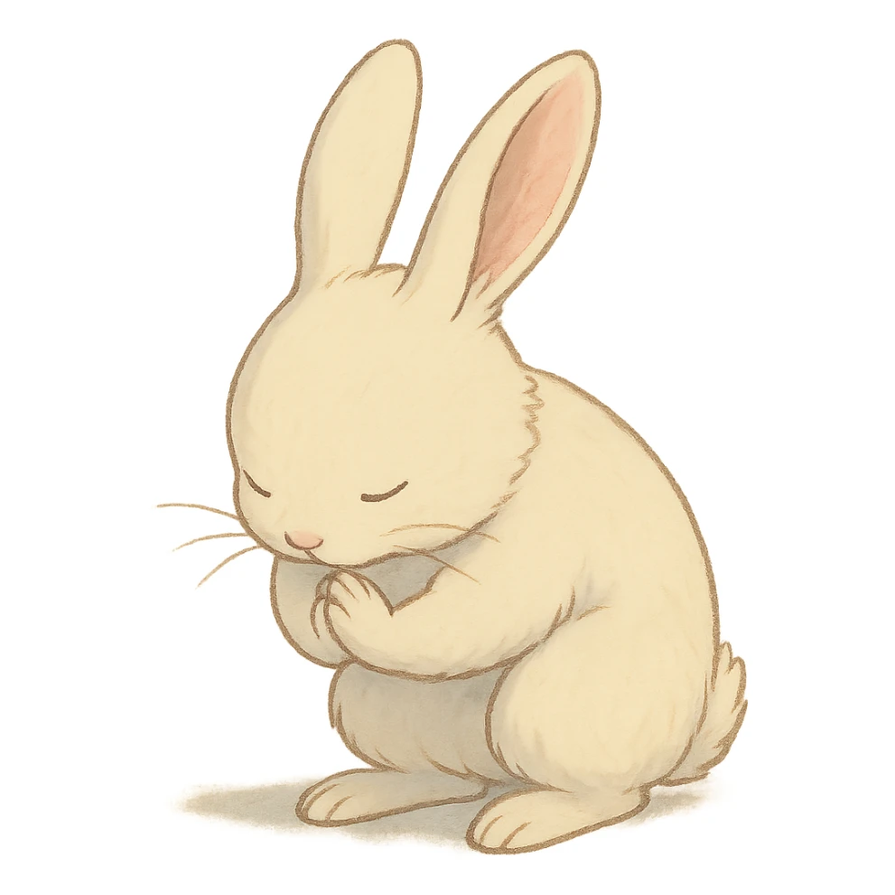 white bunny bowing politely, paws together, soft ghibli style sticker
