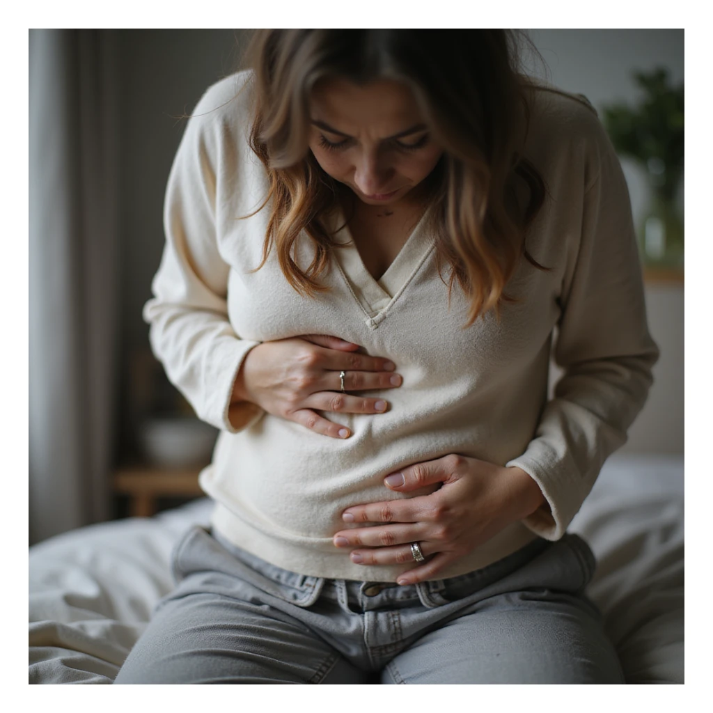 hyperrealistic 4K detailed image of a woman with hormonal imbalance, hand on bloated abdomen, wearing comfortable clothes, expression of discomfort, domestic environment sticker