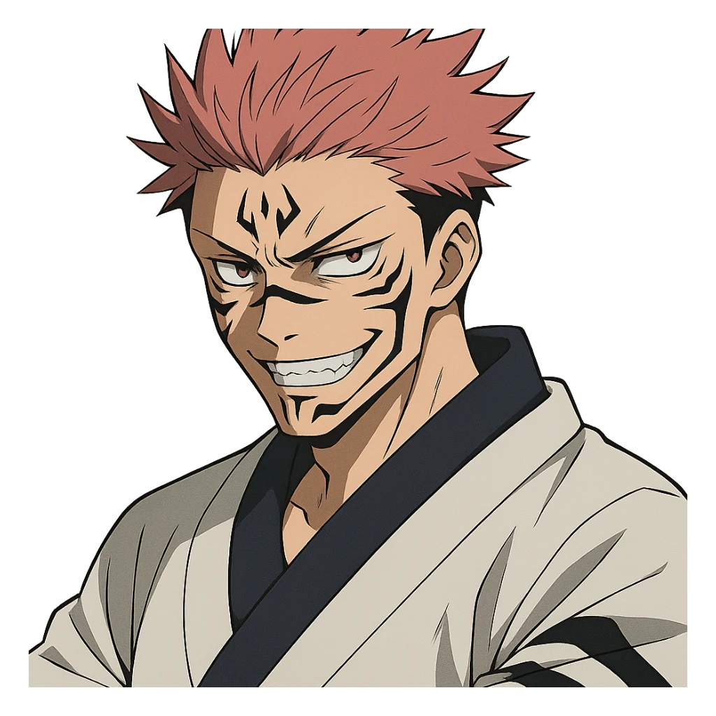 Ryomen Sukuna inspired by Jujutsu Kaisen, menacing expression, iconic markings, spiky hair, anime style sticker