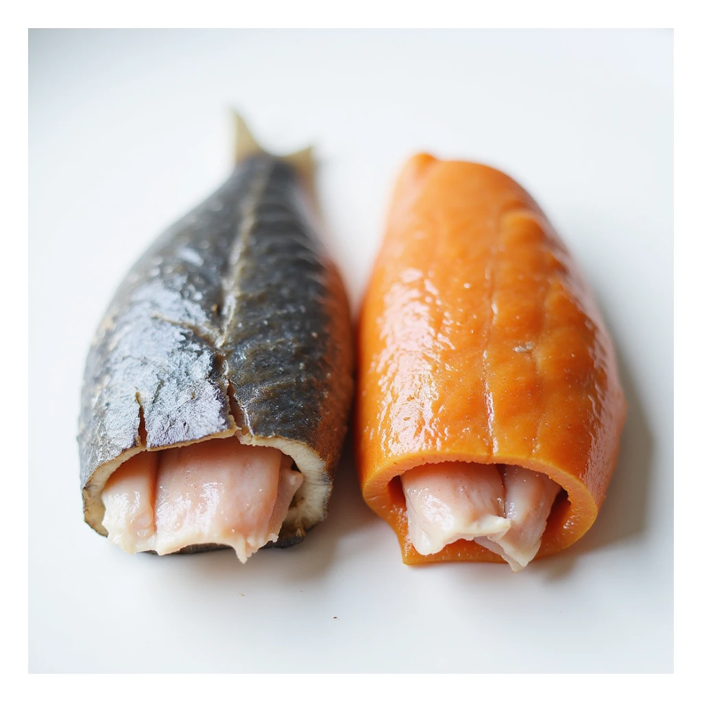 two whole fish (one gray, one orange) cut in half to show the difference in flesh color inside, photographic style, 4K resolution sticker
