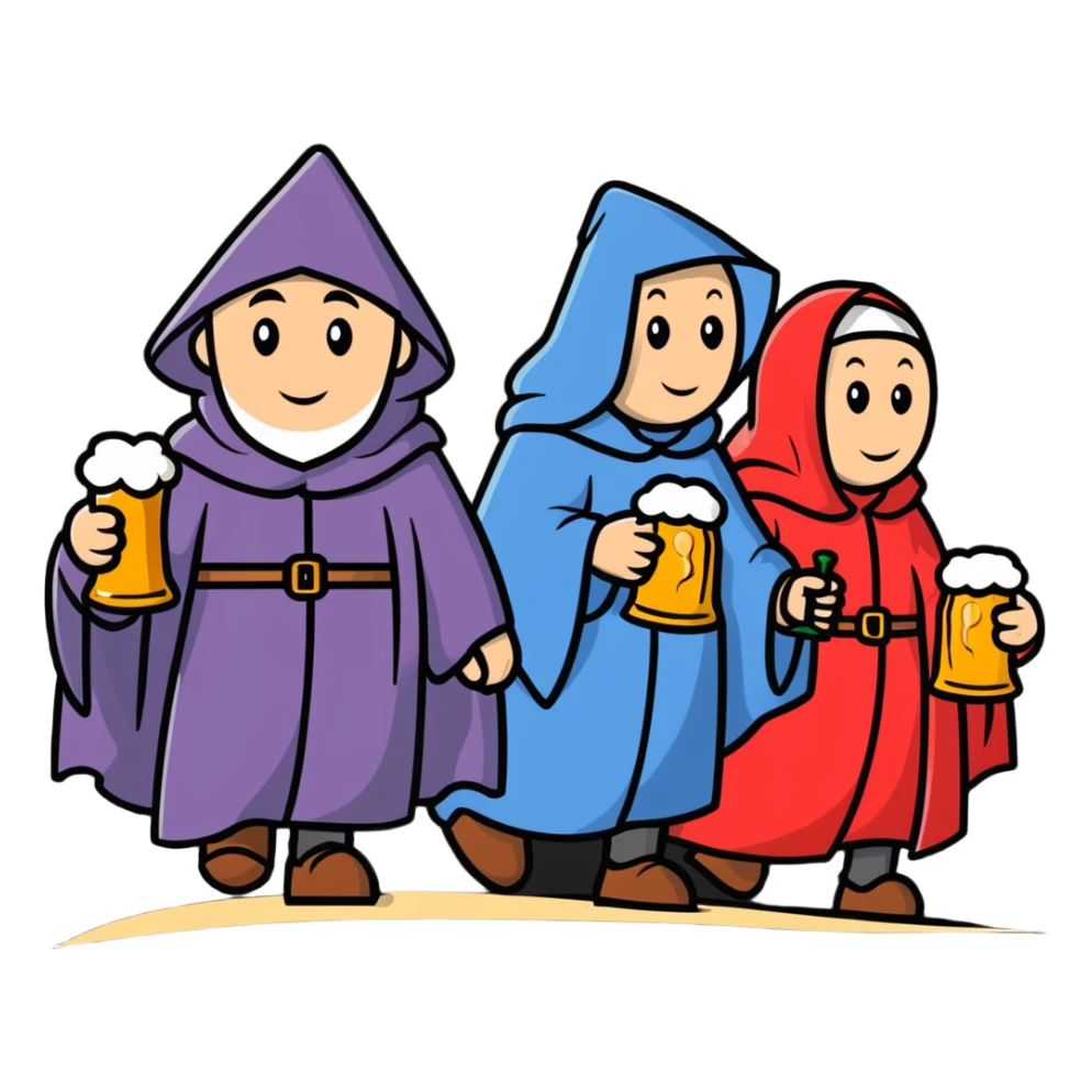 medieval pilgrims walking on a journey path with cloaks and beer bottles sticker