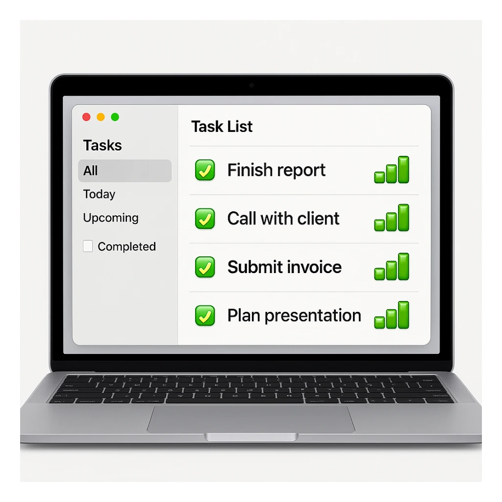 Make the bar charts on the MacBook's task management app screen green in the style of apple style emojis sticker