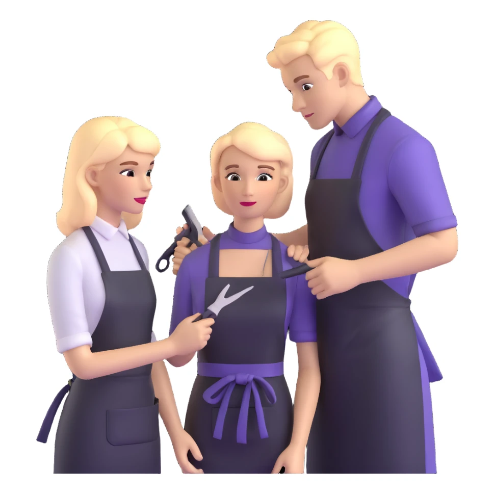 professional hairdresser in salon apron instructing student with mannequin sticker