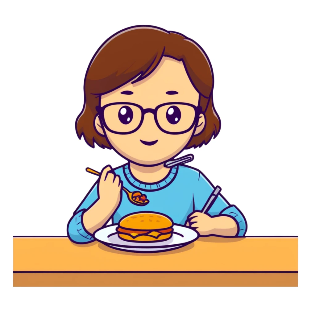 Braunhaariges Mädchen hellhäutig braune Augen, sitzend am Tisch mit Mama und Brille und braune Augen am Essen  sticker