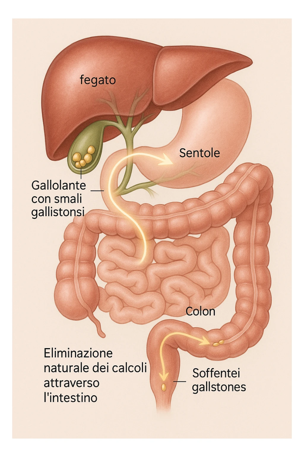 A realistic, educational medical illustration showing the human digestive tract focusing on the liver, gallbladder, bile ducts, and intestines. The gallbladder is depicted with small gallstones inside. A soft glowing arrow indicates the flow of bile and small stones moving naturally from the gallbladder through the bile ducts into the intestines. In the colon, small softened gallstones are shown being prepared for elimination, symbolizing their removal through bowel movements. The style is clean, precise, and clear with soft anatomical colors (greens, soft reds, and yellows) and faint glowing arrows to illustrate the process. The background is a subtle neutral gradient to keep the focus on the organs and the pathway. The image conveys the concept of natural gallstone elimination through the intestines via the stool in a clear, non-graphic, and educational way in italiano sticker
