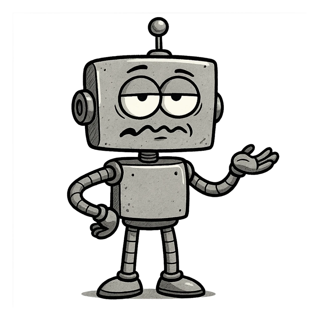 sarcastic robot, cartoon style, rolling eyes, metallic body sticker
